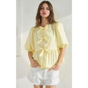 Oddi Butter Yellow Cotton Poplin Front Tie Ribbon Blouse Size 1X NWT